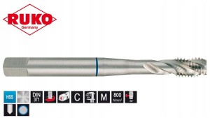 Gwintownik maszynowy M2,5 RSP35 HSS 6H P0,45 L50/9mm DIN371-C skrętny 234025 Ruko