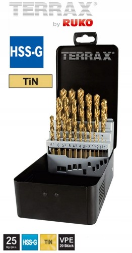 Zestaw wierteł do metalu 1,0-13,0x0,5mm HSS-G TiN 25szt. powlekane TiN w kasecie metalowej A250215T Terrax Ruko