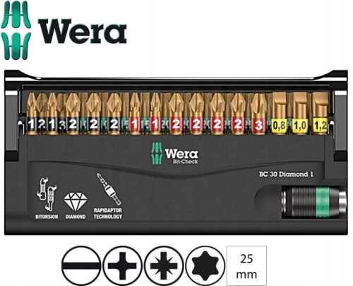 Zestaw bitów 30 szt. PZ, PH, Torx, Płaski Bit-Check 30 Diamond 057431 Wera