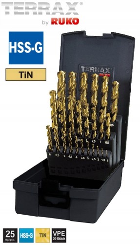 Wiertła do metalu tytanowe 1,0-13,0mm 25szt. HSS-G-TiN powlekane TiN A250215TRO Terrax Ruko