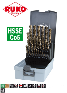 Zestaw wierteł kobaltowych 1,0-13,0x0,5mm HSSE-Co5 25szt. w kasecie z tworzywa sztucznego ABS DIN 338 typ VA 215215RO-Z Ruko